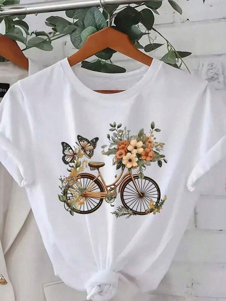 Camiseta con estampado de bicicleta, diseño con patrón floral y de maosa, ropa de mujer de modarrimavera/verano, lavable a máquina
