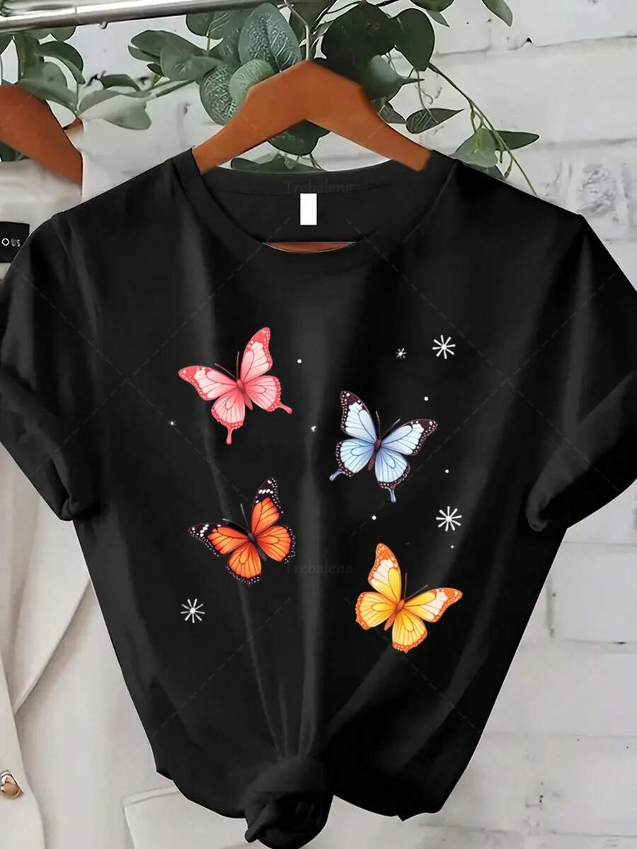 Women's Plus Size Classic T-Shirt With Butterfly Print - Loose, Lightweight, Short-Sleeved, Crew Neck, Ideal For Spring And Fall, Casual Urban Style With Butterfly Wing Design, Suitable For Spring, Summer, And Fall, A Great Gift For Thanksgiving And Christmas. Bestseller. - 黑色 - 查看 1