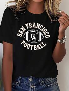 Camiseta de edición limitada para mujer con el del equipo de fútbol de San Francisco, California - Ropa casual pura para fanáticos, con letras doradas y diseño de fútbol, adecuada para todas las estaciones, con elónico SF para los seguidores, hecha de algodón ligero. - Negro - Ver 12
