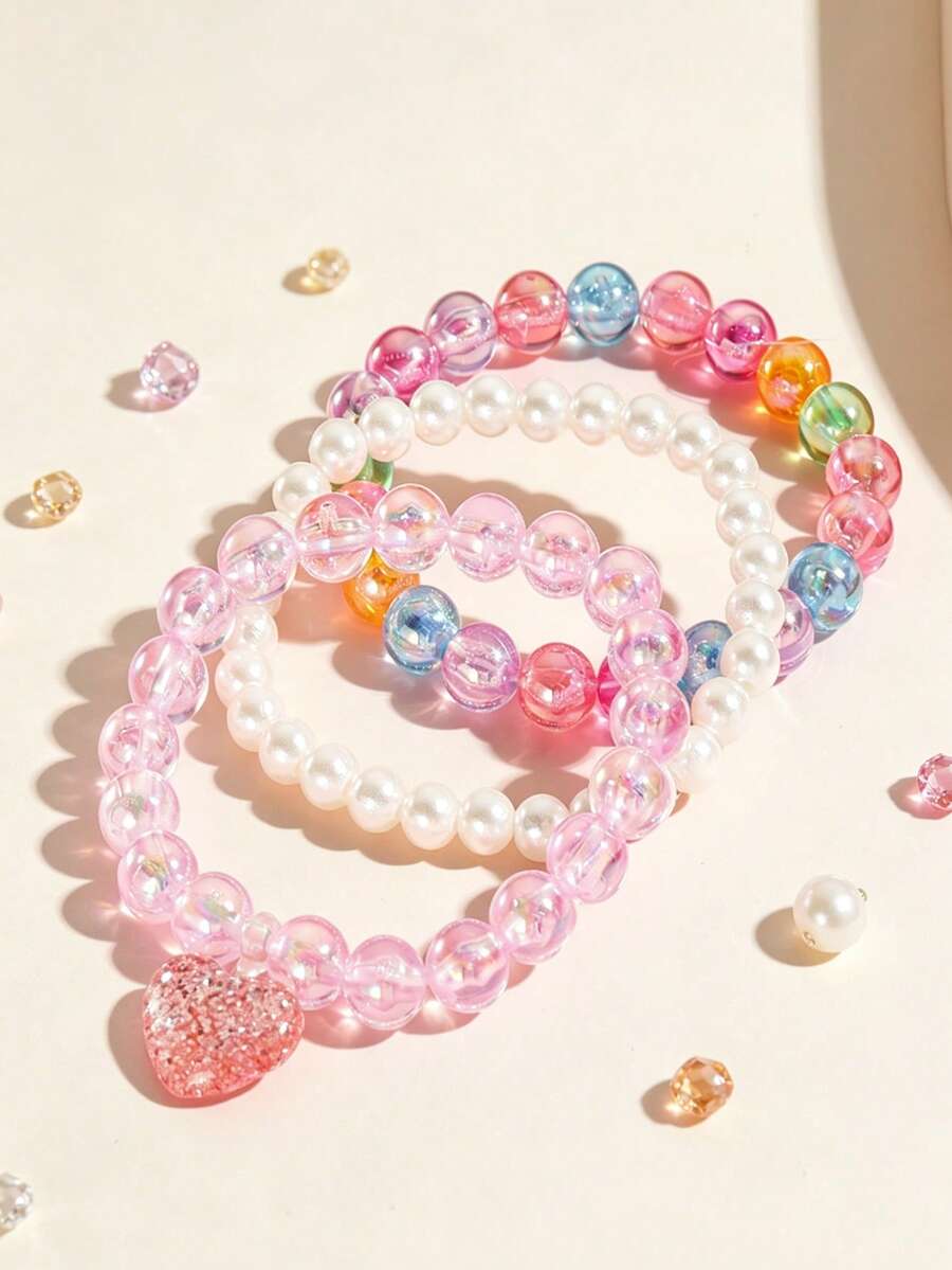 Bộ 3 vòng tay hạt cườm hình trái tim cho bé gái, thích hợp để đeo hàng ngày, đi nghỉ lễ, dự tiệc, làm quà sinh nhật. - Một cỡ - Xem 1