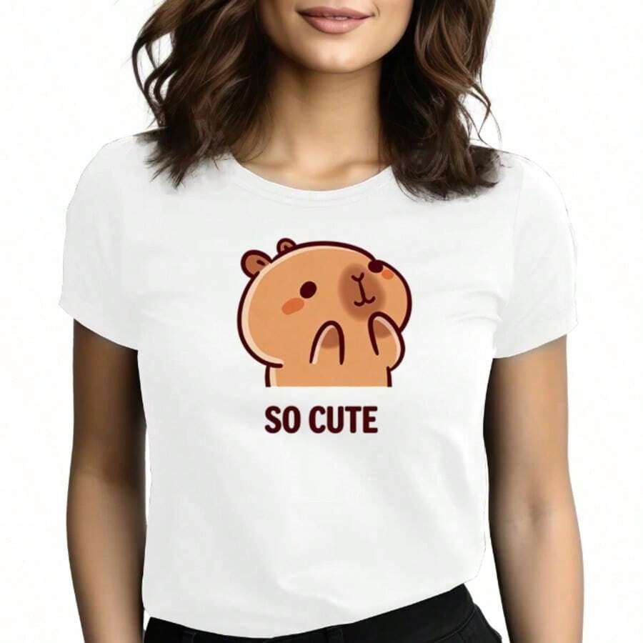 Tops para mujer de Mujer con Estampado de Capibara, Casual, de Manga Corta, Cuello Redondo, de Algodón, Suave y Elástica - Blanco - Ver 1