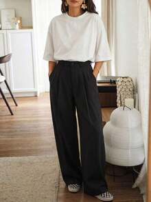 Pantalones anchos de cintura alta y ajuste delgado en morado-rojo, estilo callejero bohemio, adecuados para uso casual, ir al trabajo y vacaciones en primavera/verano - Negro 2 - Ver 1