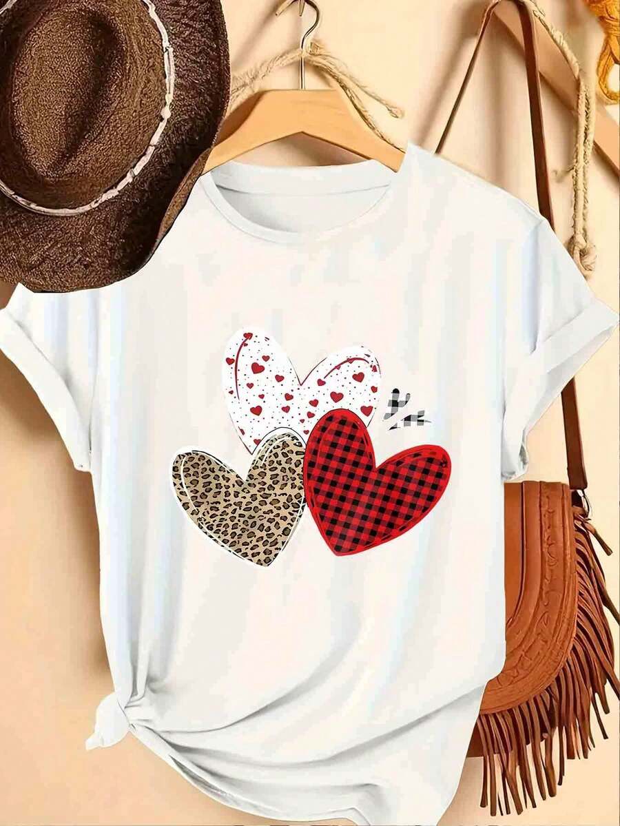 1 pieza de ropa de moda con estampado de corazones, estilo europeo y americano, fibra de poliéster, lavable a máquina, corte holgado informal, adecuada para uso diario, camiseta casual de manga corta con cuello redondo, 100% algodón.ropa de calor mujer - Blanco - Ver 1