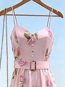 Vestido de verano para mujer, vestido con estampado floral de escote en V con tirantes finos, vestido rosa con hebilla cuadrada de metal dorado, vestido largo de escote en V con tirantes finos, vestido de estilo vacacional, vestido para ir y venir y casual, conjunto de vacaciones de verano, conjunto para el Día de San Valentín, vestido de fiesta, vestido de boda, vestido de graduación, conjunto de vacaciones de verano, conjunto para exteriores, vestido casual y elegante para ir y venir, uso diario casual y versátil y elegante - Rosa - Ver 3