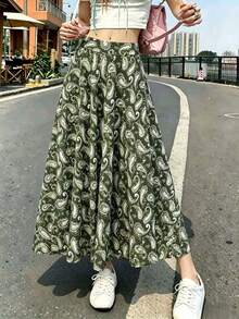 Falda acampanada para mujer con elegante estampado bohemio, forrada, adecuada para verano, otoño y primavera - Verde Oscuro - Ver 6