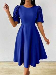 Vestido verde de manga abullonada larga, cuello en V, cintura recogida y bajo acampanado, para primavera y verano - azul real - Ver 5