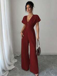 Mono elegante de pierna ancha de unicolor con cuello en V profundo y fruncido para mujer - Burdeos - Ver 6