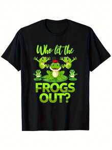 Who Let The Frogs Out? T-Shirt - Novelty T-Shirt With Fun Frog Design, Green And Lemon Print, 100% Soft And Breathable, Unisex, Suitable For Men And Women (Sizes S-), For Casual Summer Wear And Parties, With A Jumping Frog Design, Loose And Comfortable. - Black - View 1