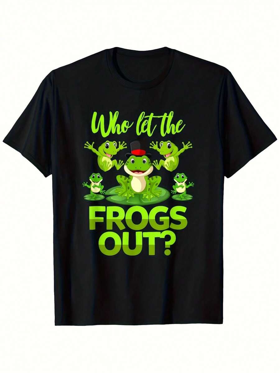 Who Let The Frogs Out? T-Shirt - Novelty T-Shirt With Fun Frog Design, Green And Lemon Print, 100% Soft And Breathable, Unisex, Suitable For Men And Women (Sizes S-), For Casual Summer Wear And Parties, With A Jumping Frog Design, Loose And Comfortable. - Black - View 1