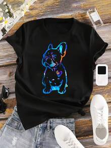 Camiseta de talla con estampado de cachorro y color degradado, de color - Negro - Ver 2