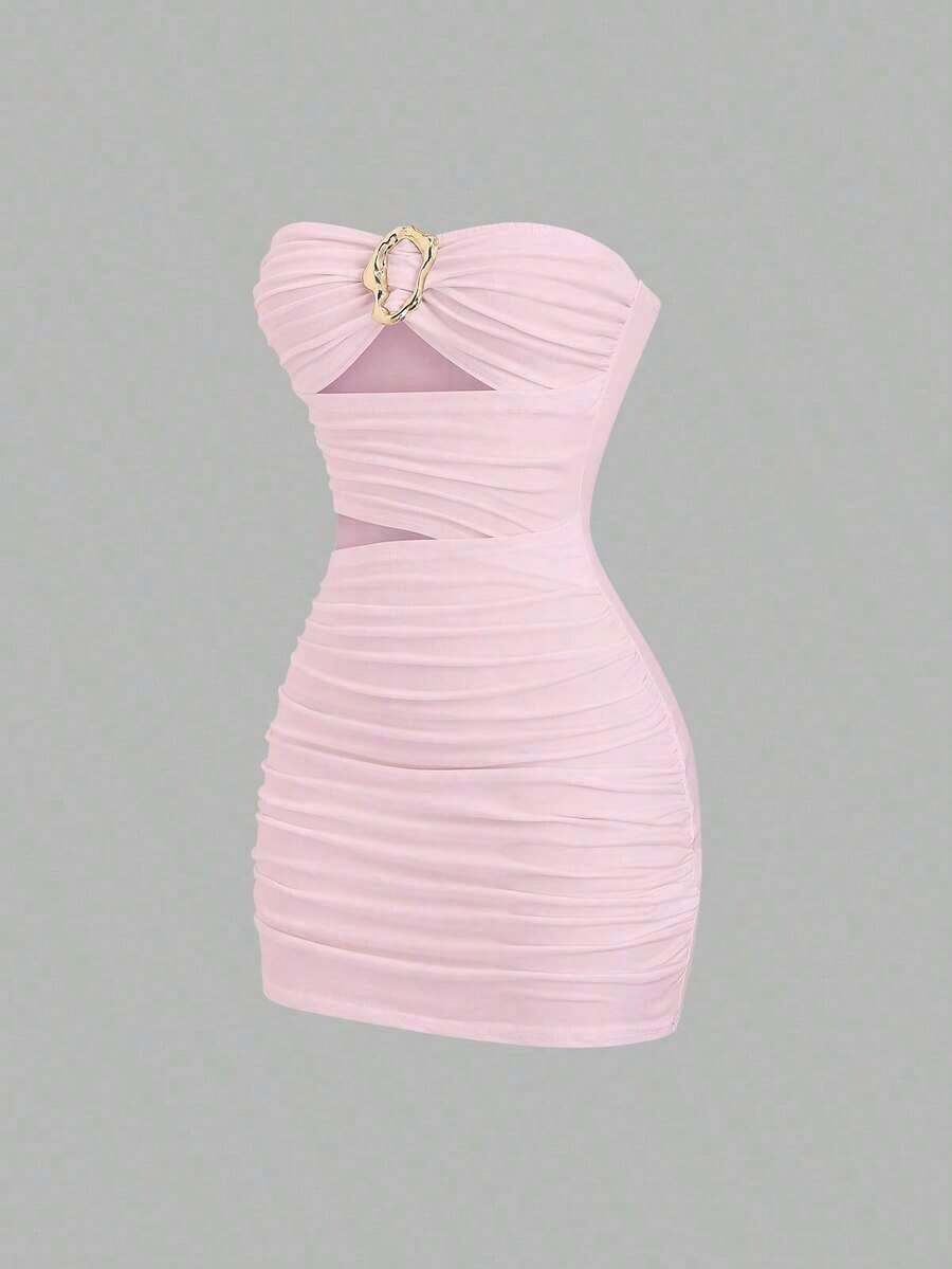 Vestido mini ajustado y sexy para mujer con hebilla metálica sin tirantes - Rosa - Ver 1