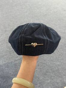 Mũ beret denim nữ, kiểu dáng retro Hàn Quốc với ghim kim loại hình trái tim trang trí, mũ lưỡi trai đa năng mùa thu/đông cho trang phục thường ngày. - A - Xem 10