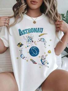 Women's Clothing Versatile Plus Size T-Shirt, Astronauts Floating Around The Planet With Stars Print, Fashionable Casual T-Shirt For Women, Suitable For All Seasons
White, The Fabric Is Comfortable And Breathable. Women's Shirts. - 白色 - 查看 5