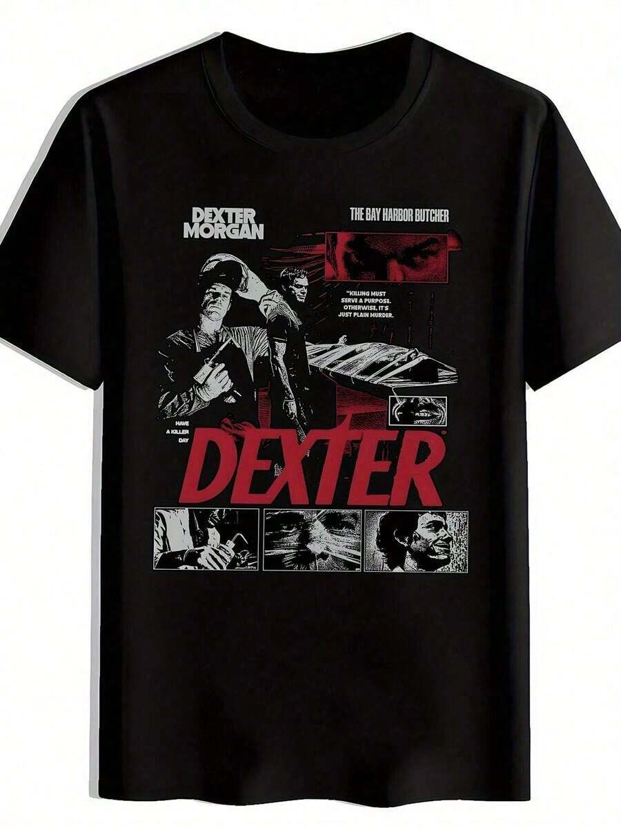Camiseta de cuello redondo con estampado de "Dexter Morgan" en el frente, manga corta, estilo serie TV casual para hombre - Negro - Ver 1