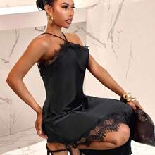 Slayr Women's Elegant Solid Color Lace Patchwork Asymmetric Hem Dress, Summer,Black Dress For Women - Negro - Ver 4