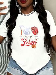 Comfortable1 pieza de camiseta blanca con temática de béisbol y estampado gráfico de "Días de Clases" para mujer, top casual de verano, camiseta de manga corta de algodón, estilo deportivo, camiseta de moda, g, 100% algodón. Camiseta Holgada y Versátil de Manga Corta para Mujer - Blanco - Ver 11