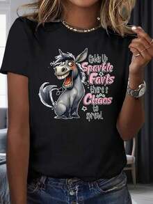 Giddy Up Sparkle Farts There's Chaos To Spread Funny Cartoon Animal Graphic Donkey T-Shirt, Women's Casual Top, Party & Holiday Wear 220m Women's Heat Wear - 黑色 - 查看 7