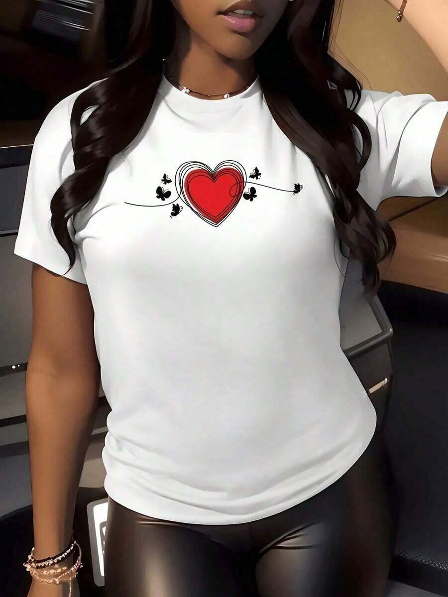 Corazón rojo rodeado de mariposas negras que simboliza amor libertad y energía interior evocando sentimientos de pasión y confianza para días llenos de inspiración camiseta de mujer casual elegante y cómoda 100% Cotton Blusas Bonito - Blanco - Ver 1