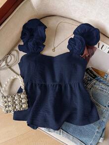 Frenchy Camiseta de tirantes de mujer con volantes de unicolor y parches, con detalle de nudo en la espalda - Azul marino - Ver 2