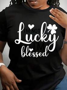 Camiseta Estampada Casual de Moda para Mujer, Tallas 0-8XL, Top Básico Elegante para Uso Diario y Salidas, Ajuste Cómodo y Relajado, Manga Corta, en Múltiples Colores con Divertidos Diseños de Letras Inspiradoras o Tréboles, Regalos para San Valentín, Navidad y Día del Padre. - Negro - Ver 7