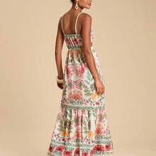 Women's Summer Vacation Floral & Geometric Print Hollow Ruffle Hem Maxi Slip Dress,Summer Beach Outfits, Christmas Party Clothes, New Year Look, Thanksgiving Outfits, Elegant Dresses Party, Tropical Vacation Dress, Garden Party Dress, Wildflower Dress,Christmas Outfit, New Year Clothes, Thanksgiving, Chic Elegant Dress For Party, Luxury Wedding Guest Party Dress,  Cocktail Dress - Rojo - Ver 3