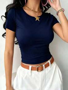 Camiseta de mujer de verano nueva, de corte slim, de cuello redondo y manga corta, top de moda para uso diario y vacaciones. Top de camiseta de mujer. - Azul marino - Ver 11
