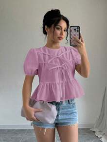 Blusa con volantes y mangas abullonadas con lazo en la parte delantera - Rosa - Ver 4