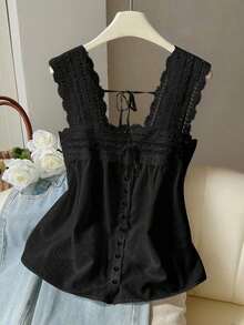 Blusa sin mangas de verano para mujer, de unicolor con parches de encaje - Negro - Ver 3