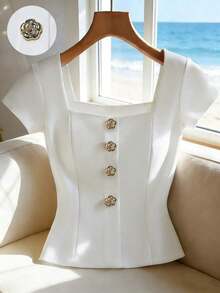 Camiseta de mujer de unicolor con cuello cuadrado y decoración de botones delanteros de manga corta - Blanco - Ver 1