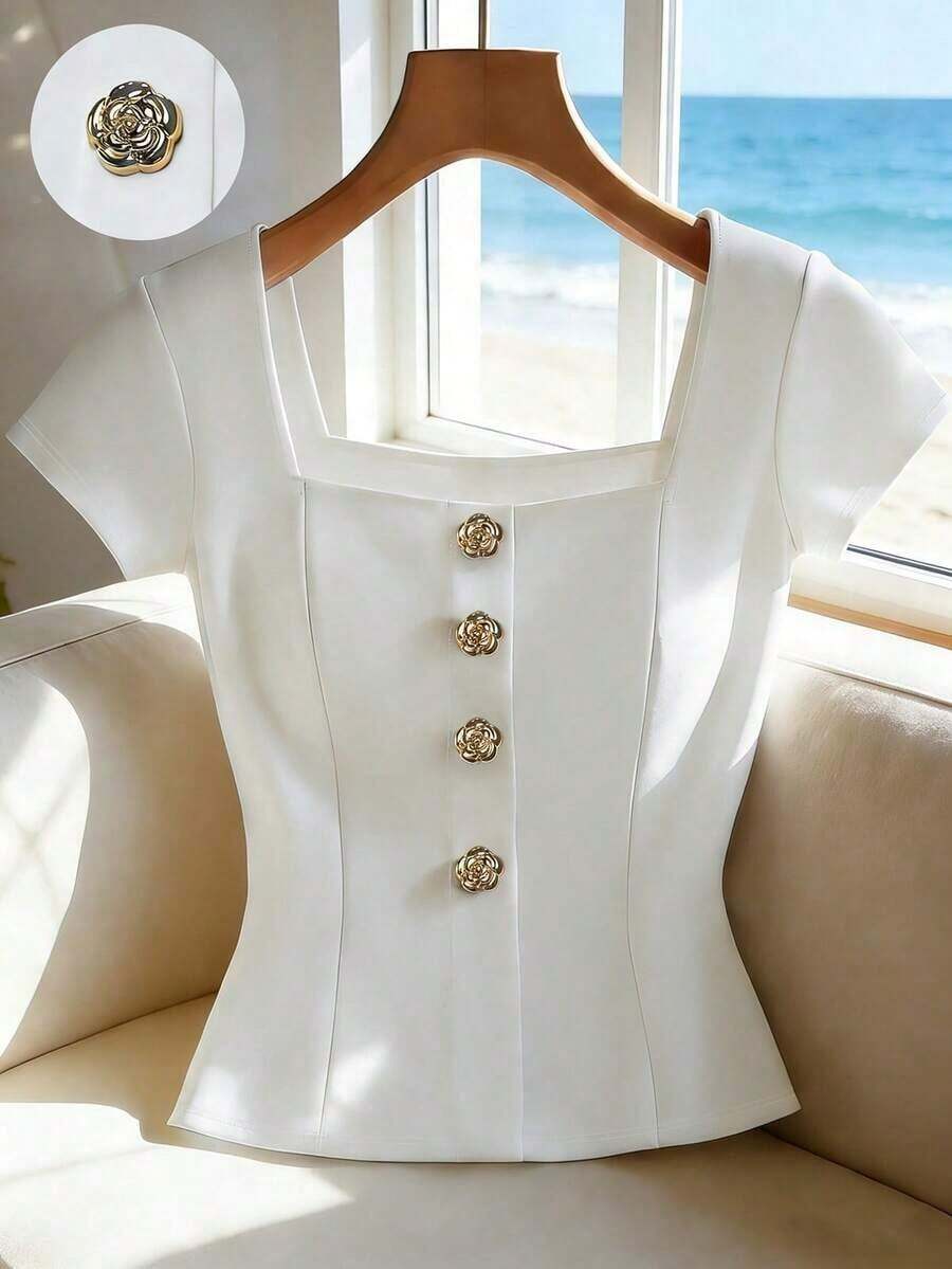Camiseta de mujer de unicolor con cuello cuadrado y decoración de botones delanteros de manga corta - Blanco - Ver 1