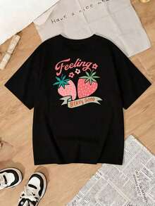 Women's Casual Short-Sleeve Knit T-Shirt, Versatile And Suitable For Streetwear, Everyday Wear, Y2K Style/Crop Top, Crew Neck, Outdoor Activities, Camping, Concerts, Hip-Hop, Rock, And Rap Events. Crew Neck T-Shirt With Strawberry Graphic Print, Comfortable And Cozy. - 黑色 - 查看 2