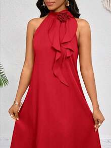Lady Vestido de longitud media naranja con decoración de volantes florales tridimensionales en el cuello.Elegante y holgado para damas.Ideal para vacaciones de primavera y verano.Estilo bohemio. - Rojo - Ver 8