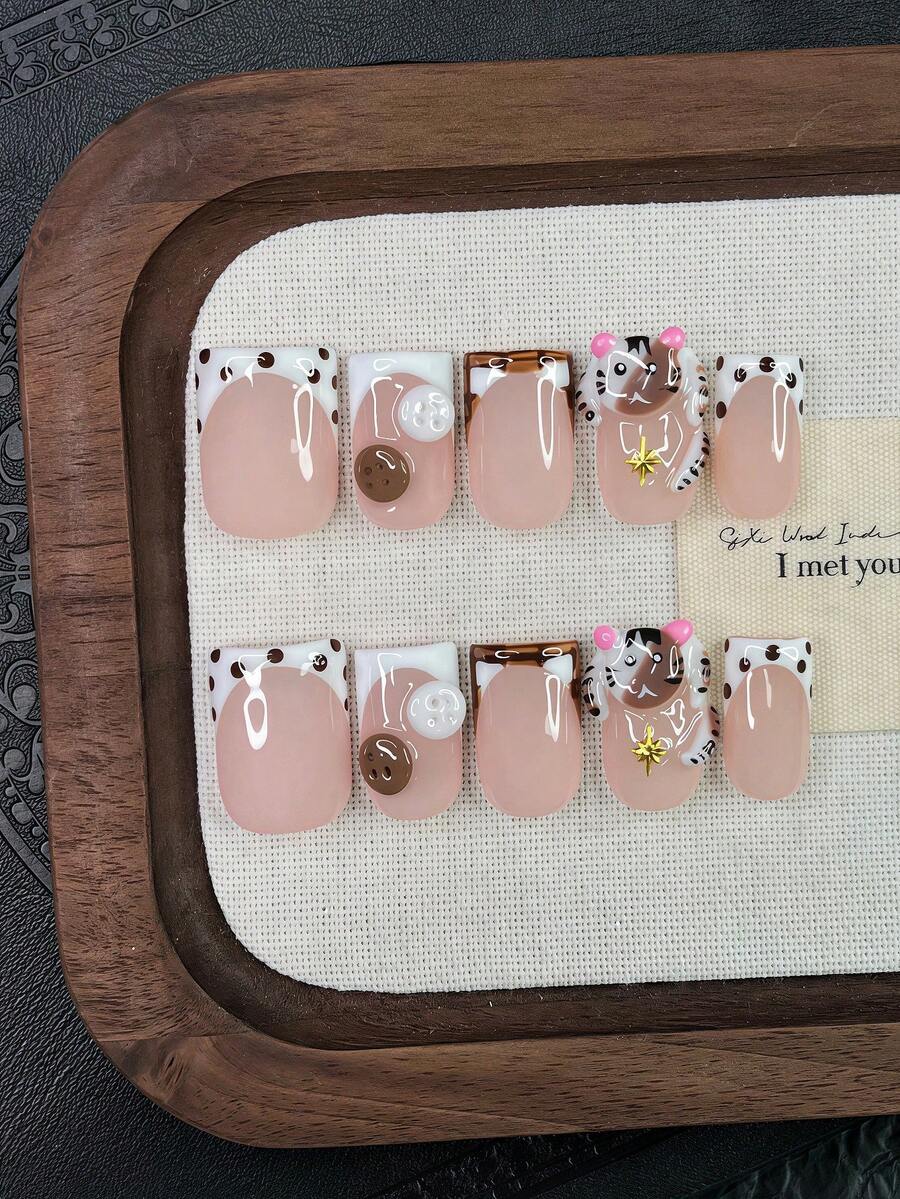 10pcs Y2K Nails Square Press On Nails Set - Handcrafted,Pink Nails, White Nails, White French Tip Nails, Handmade 3D Kitten And 3D Button Design, 3D Kitten Nails Art, Hand Drawn Brown Polka Dot And Brown Stripe Pattern Decoration, Sparkling Gold Star Accents, Delicate Graceful Nails - Perfect For Parties & Casual Attire - Multicolor - View 1