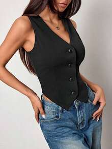 Chaleco de punto ajustado de unicolor con cuello en V y sin mangas para damas en otoño/invierno - Negro - Ver 5