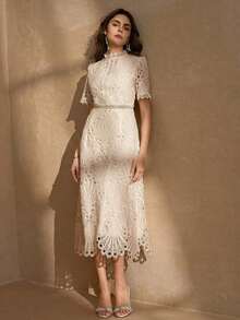 Vestido de encaje blanco elegante de largo medio, con mangas cortas con volantes, diseño de cuello con volantes en forma de A para el verano - Albaricoque - Ver 7