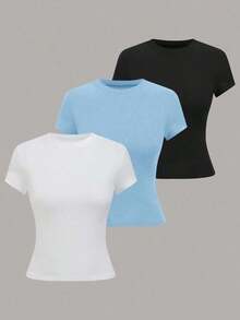 Camiseta casual de mujer de manga corta de unicolor, versátil - Multicolor 20 - Ver 1