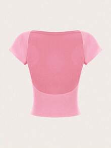 2 piezas Parte superior corta de cuello redondo y espalda descubierta de manga corta, apropiada para el verano, para mujeres sexy - Multicolor 8 - Ver 4