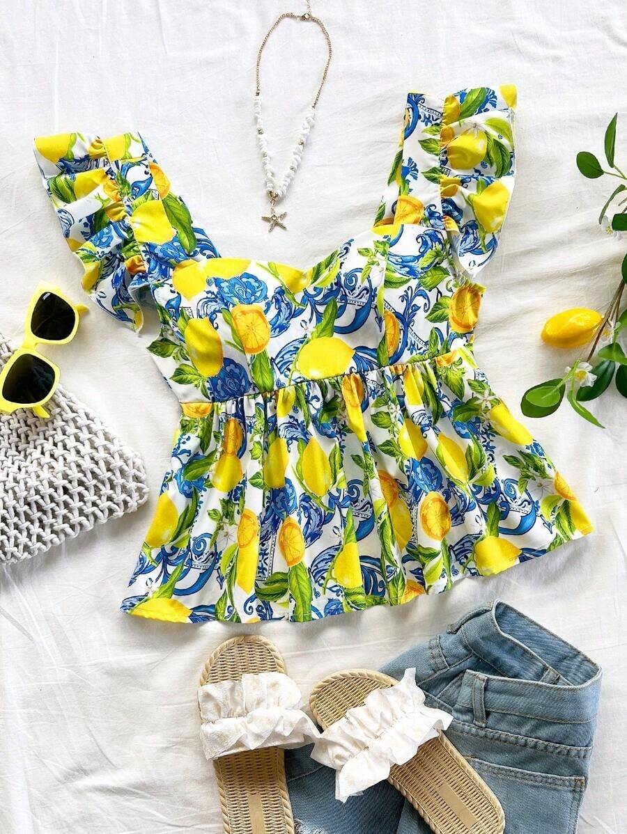 Nueva blusa campesina bohemia de verano con volantes y estampado de limón, para mujeres - Amarillo - Ver 1