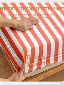 1 Set Minimalist Red & White Striped Fitted Bed Sheet, Includes 1 Valentines Day Mattress Cover, Fits King, Queen, Full & Double Beds, Soft & Comfortable Bedding Set, Deep Pockets Up To 30cm, Breathable & Wrinkle-Resistant, Machine Washable - Red - View 6