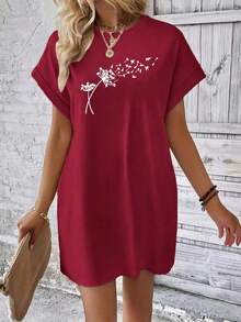 Vestido de mujer con bolsillos estampado diente de león Ropa casual suelta para el verano - Burdeos - Ver 3