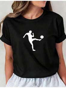 Women's Football-Themed Short-Sleeved Round-Neck T-Shirt, Casual Summer Shirt With Dynamic Player Print, Suitable For Matching With Other Styles, Casual Wear, Machine Washable, Casual Round-Neck Top, Comfortable Women's Clothing. - 黑色 - 查看 1