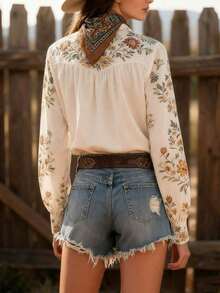 Camisa de manga larga con estampado floral vintage bohemio para mujer, blusa casual de primavera/verano, adecuada para viajes, festivales de música y equitación, ropa de moda para vacaciones en color blanco - Blanco - Ver 4