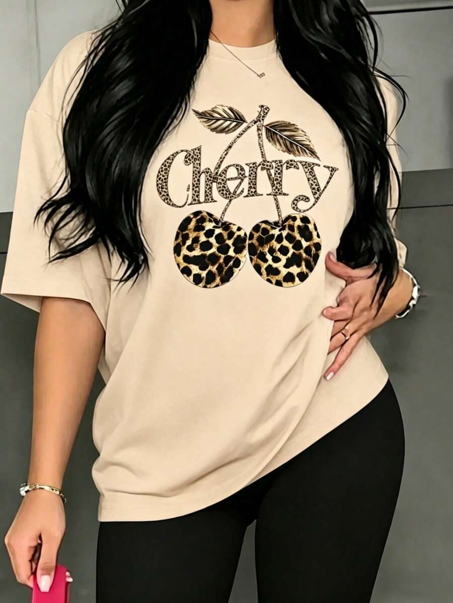 Women's Casual Shirt Print T-Shirt, Short Sleeve And Round Neck, Local Spring/Summer Urban Fashion. - 杏色 - 查看 1