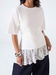 Camiseta de mujer de unicolor con cuello redondo, hombros caídos, manga corta, parche de encaje, bajo irregular con volantes - Blanco 2 - Ver 6