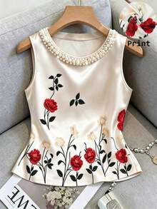 Blusa de tirantes elegante con estampado floral y cuello de perlas brillantes para mujer, adecuada para citas, salidas casuales, ir al trabajo, tomar el té por la tarde, Día de la Madre, Día del Maestro - Beis - Ver 8