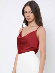 Blusa de satén sin mangas para mujer, romántica y elegante, de color liso con cuello drapeado, adecuada para la oficina y el uso diario - Burdeos - Ver 4