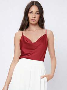 Blusa de satén sin mangas para mujer, romántica y elegante, de color liso con cuello drapeado, adecuada para la oficina y el uso diario - Burdeos - Ver 7