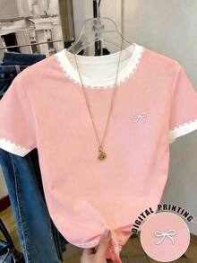 Blusa casual de cuello redondo con patrón de volantes y lazo asimétrico de color contrastante, adecuada para uso diario casual - Rosa 2 - Ver 1