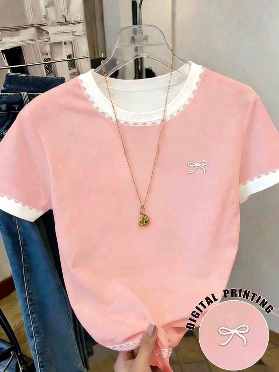 Blusa casual de cuello redondo con patrón de volantes y lazo asimétrico de color contrastante, adecuada para uso diario casual - Rosa 2 - Ver 1