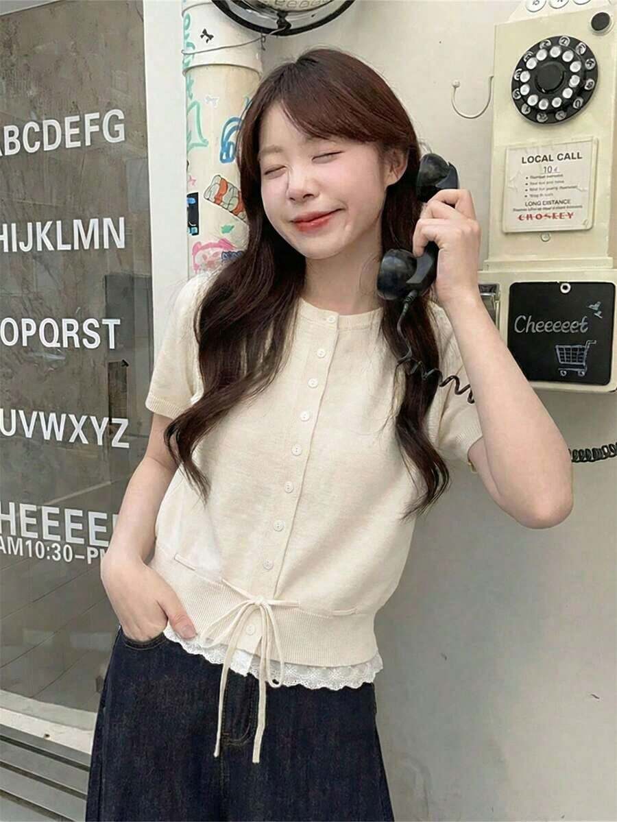 Cárdigan de punto gris de manga corta para mujer, de corte slim, con estilo universitario de verano, cuello redondo, parche de encaje y dobladillo con cordón - Albaricoque - Ver 1